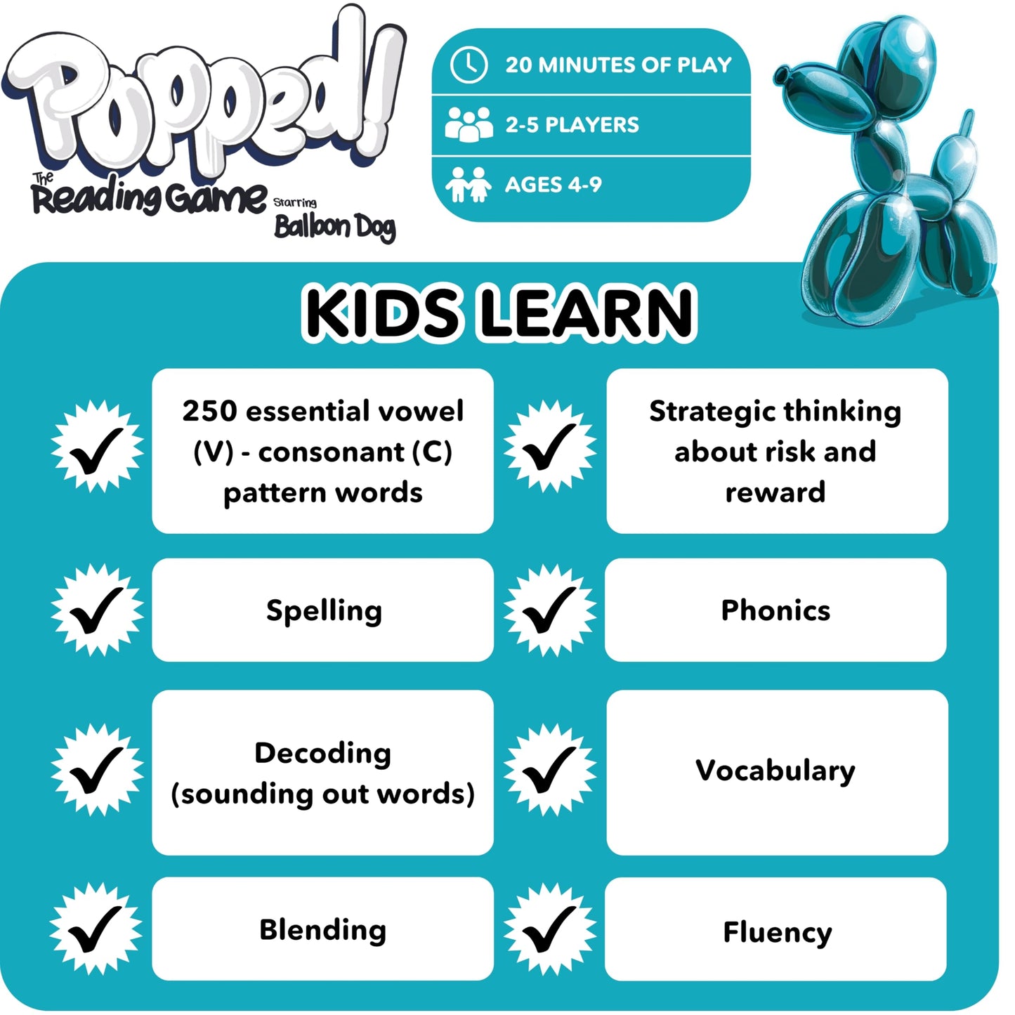 Popped! Reading Game - Learn Reading Skills in Weeks - Exciting Phonics Game for Kids Ages 4-9 - CVC Educational Game Must Haves for Preschool, Kindergarten, 1st - 3rd Grade