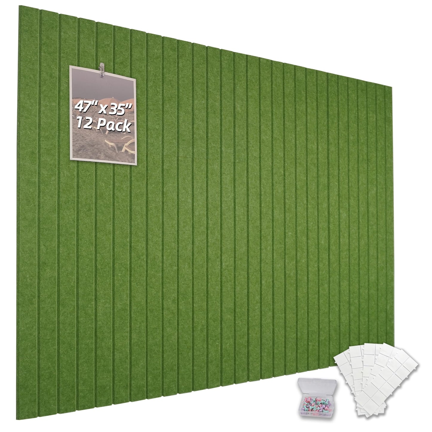 TENACR Cork Board Alternative-Felt Slat Wall Paneling,Office Bulletin Board for Decoration, Suitable for Displaying Photos and Documents, with Removable Adhesive Labels,12-Pack (Green)