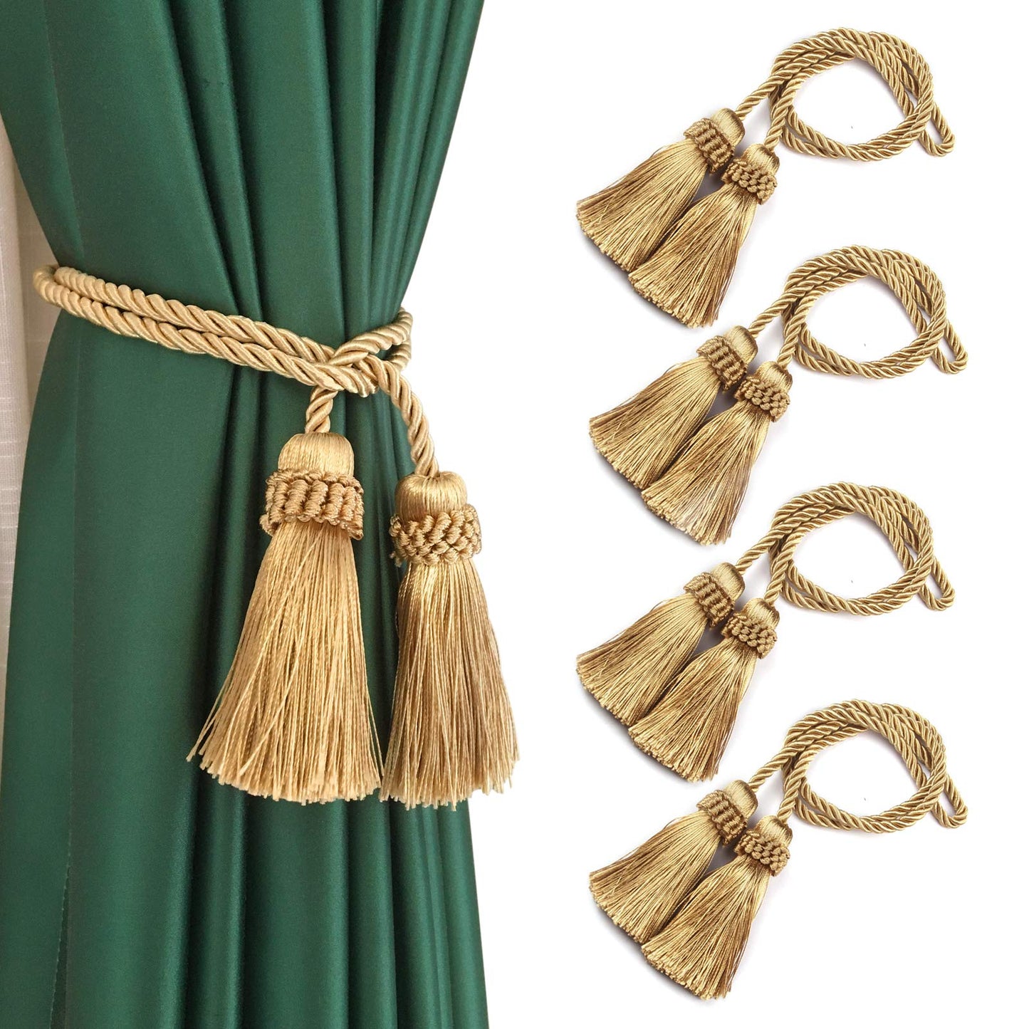 Fenghuangwu Curtain Tiebacks Handmade Decorative Curtain Holdbacks Rope with Tassel (Gold, 4P)
