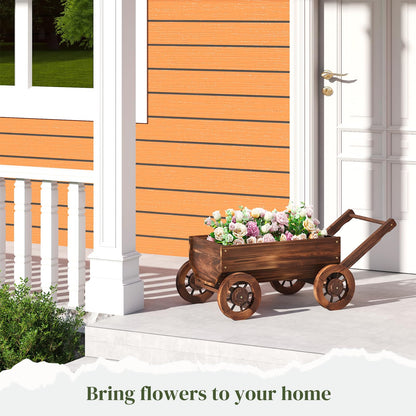 PULIJIAJU Wooden Wagon Garden Planter Cart with Wheels Rustic Flower Pot – Indoor Outdoor Patio Backyard Balcony Decor for Flowers and Plants（Large