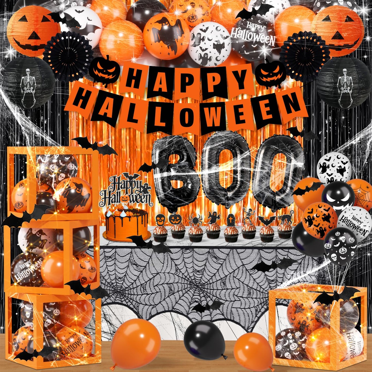 Halloween Party Decorations, Halloween Decorations Kit includes Ghost Balloons Boxes Spider Web Tablecloth Black Orange Foil Curtains, Boo Party Supplies for Home Birthday Decoration