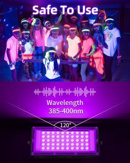 THECHAM 50W LED Black Lights IP66 Waterproof Black Light Outdoor with 6ft Plug+Switch,Flood Blacklight for Halloween Glow in The Dark Party Stage Light Neon Glow Birthday 1 Pack