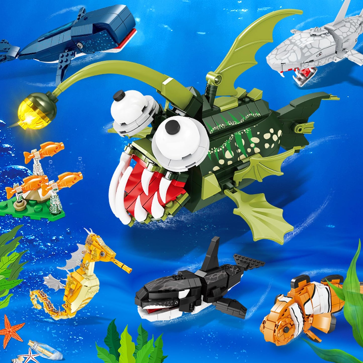 KAZI Anglerfish Toy Building Set,Sea Creatures Building Blocks,Ocean Animal Toys for Kids Ages 8 9 10 Plus Boys Girls,Halloween Party Favors,Christmas Birthday Gifts,Easter Basket Stuffers