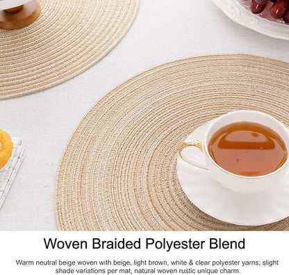SHACOS 15 inch Round Placemats Set of 6, Cotton Polyester Woven Braided Place Mats, Washable Heat Resistant Non Slip Table Mats for Kitchen Dining Table (Beige, 6)