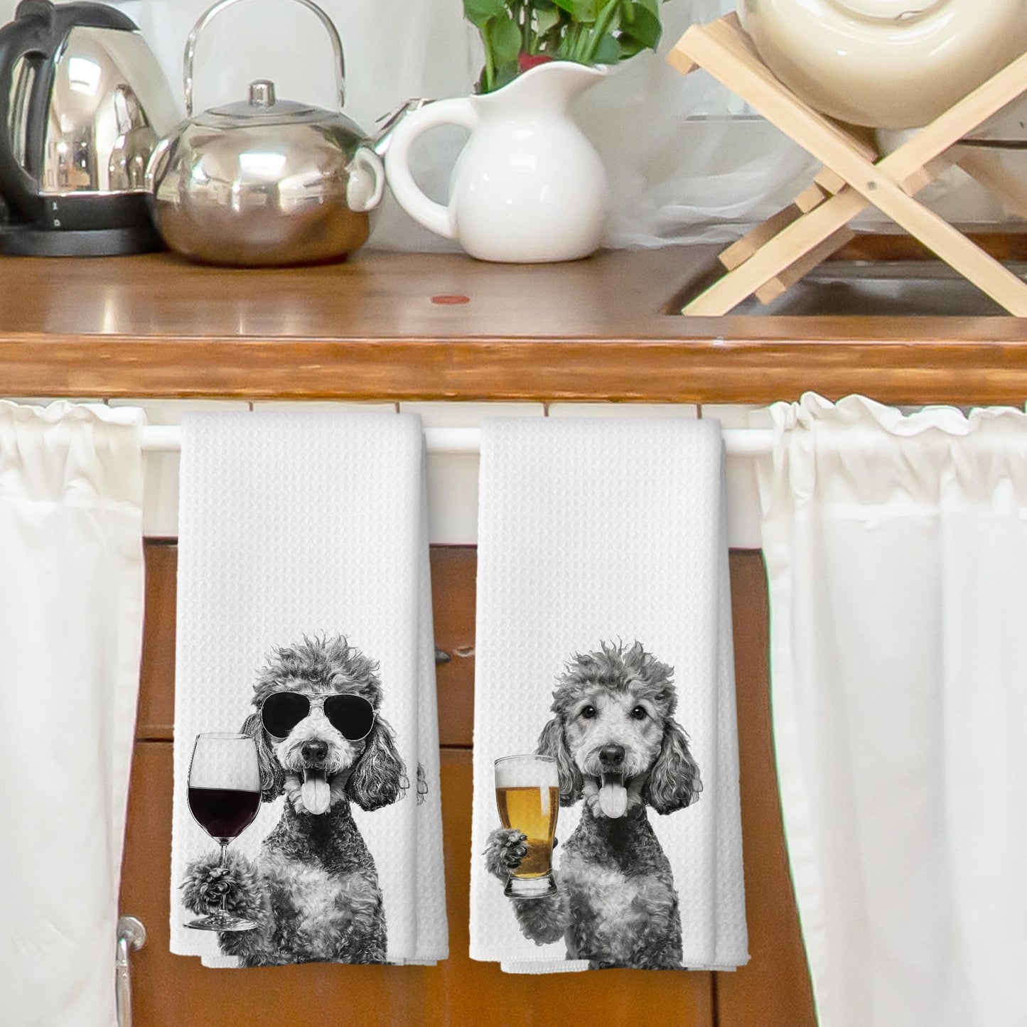XPH Funny Poodle Wine Bar Kitchen Dish Towels, Poodle Lovers Gifts, Dog Mom Dad Lover Gifts for Women Men Hand Towels Kitchen Tea Towel Decorations, 16x24inch Set of 2