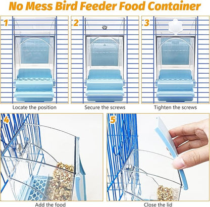 BNOSDM No Mess Bird Feeder Transparent Automatic Bird Cage Feeder with Perch Acrylic Parrot Food Container Parakeet Cage Accessories for Parakeets, Budgies, Cockatiel, Finch, Canary, Lovebird (Blue)