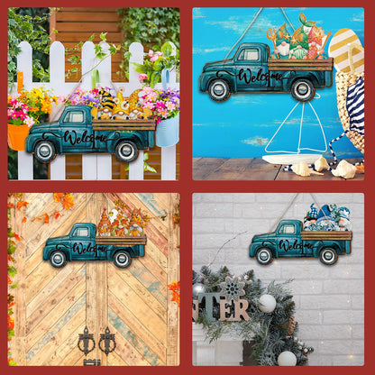 Chitidr Spring Summer Interchangeable Gnome Welcome Sign, 1 Seasonal Wooden Truck Door Hanger with 22 Spring Summer Holiday Gnome Decorations (Blue)