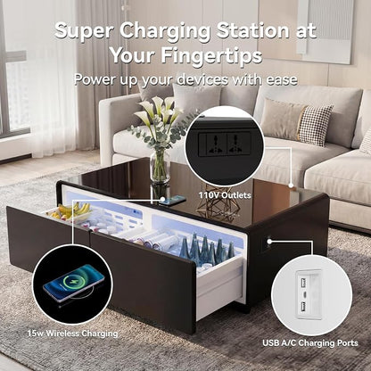 LIVTAB Smart Coffee Table, 27.8" D x 51" W x 18.1" H, Living Room Table with Built in Fridge and Speakers, Smart Table with 15W Wireless Charging, USB Chargers and 110V Outlets (Black)