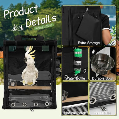 Bird Carrier Travel Cage, Cockatoo Carrier, Parrot Travel Backpack with Unbreakable Stainless Steel Mesh, Perch, Water Bottle and Food Bowl, X-Large Black