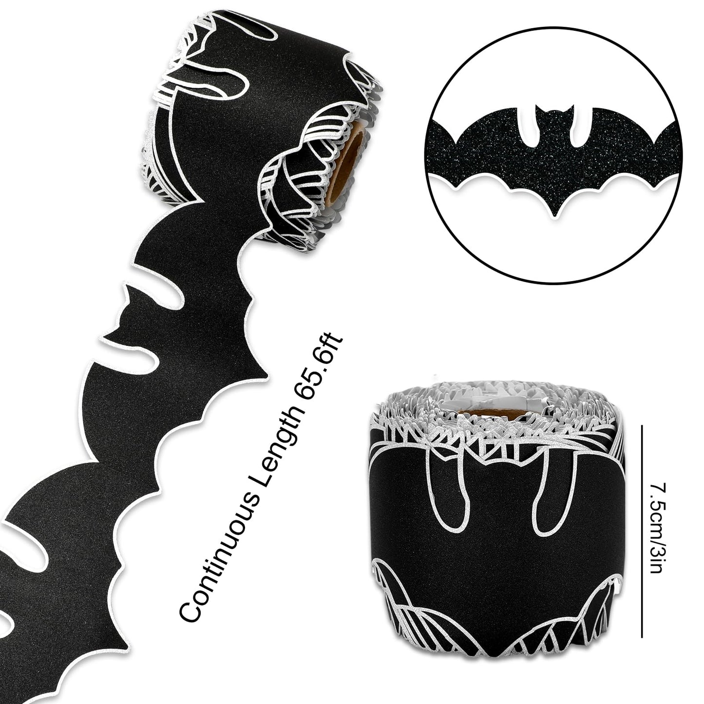 Whaline 65.6Ft Halloween Bulletin Board Border Glitter Black Bat Die Cut Trim Border Roll for Spooky Chalkboard Wall Decor