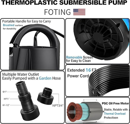 FOTING Sump Pump 3/4HP Dirty Submersible Water Pump,2400GPH Utility Pump Thermoplastic Electric Portable Transfer Water Pump for Swimming Pool Pond Basement with 16ft Power Cord, with Float Switch