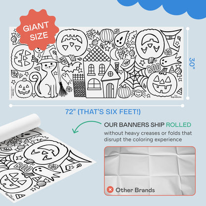 Tiny Expressions Halloween Coloring Tablecloth - Rolled, No Creases 30" x 72" Giant Coloring Poster to Color On - Halloween Activities
