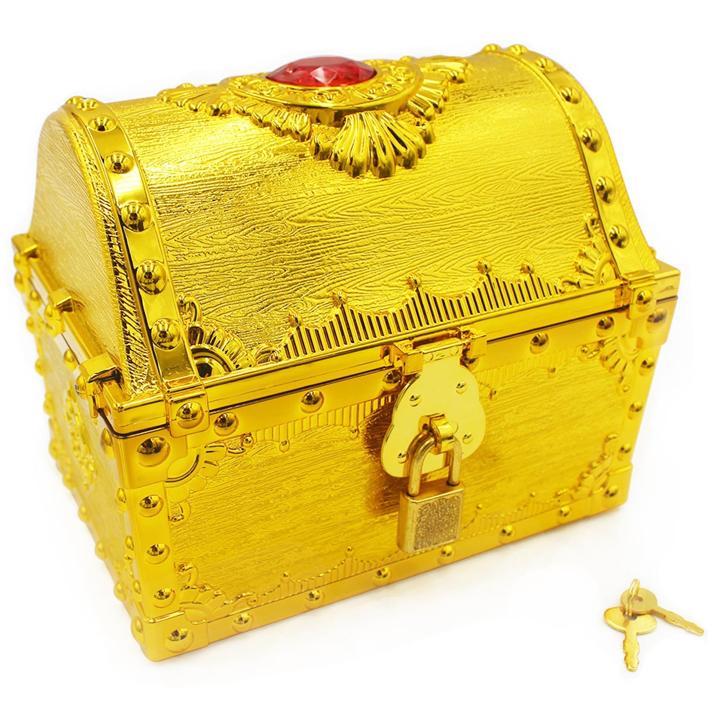 Pemalin Kids Pirate Treasure Chest Large Size Storage Box, Gem-encrusted Gold Decorative Chest with Lock and Key for Kids Birthday, Halloween, Christmas Pirate Party Favors
