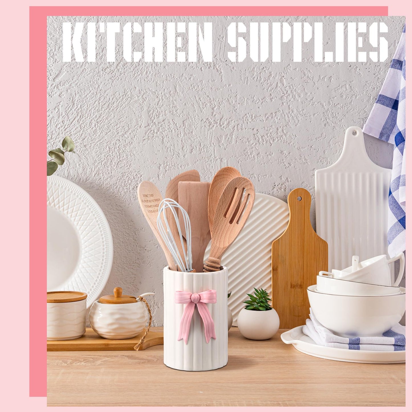 LemonRoad Pink Bow Ceramic Utensil Holder 3D Coquette Handmade Pink Kitchen Decor Gifts for Mom Cooking Utensil Crock with Scalloped Preppy Caddy Pen Holder Vase Back to School