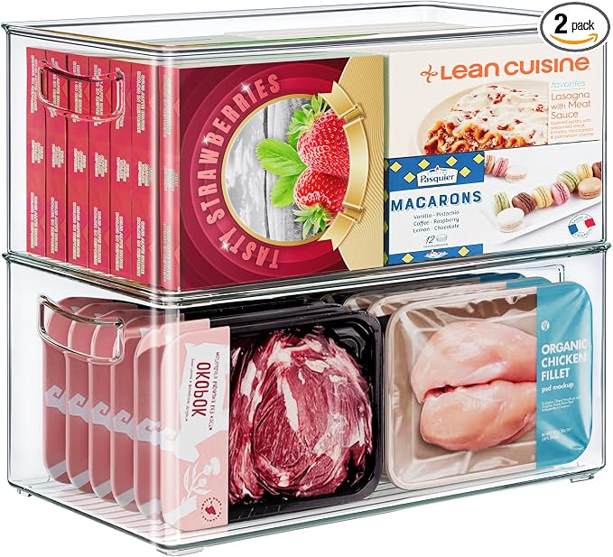 Heyuzb 2 Pack Clear Freezer Organizer Bins Stackable Storage Bins with Side Handles for Kitchen Pantry Cabinet Organzation and Storage