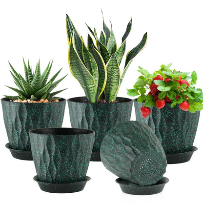 Meowell 7 inch Plant Pots for Indoor Outdoor Plants, 5 Pack Thick Flower Pots with Drainage Holes and Saucers, 3D Modern Wave Texture Plastic Planter Nursery Pots, Black with Green Speckles