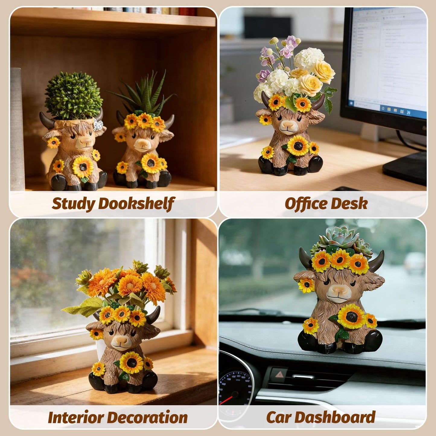 Cute Highland Cow Planter, 4.13 inch Resin Succulent Pot, Animal Planter with Drain, Mini Cows Flower Pots, Storage Containers for Outdoor Indoor Backyard Balcony Planters Home Garden Decor Gifts