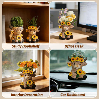 Cute Highland Cow Planter, 4.13 inch Resin Succulent Pot, Animal Planter with Drain, Mini Cows Flower Pots, Storage Containers for Outdoor Indoor Backyard Balcony Planters Home Garden Decor Gifts