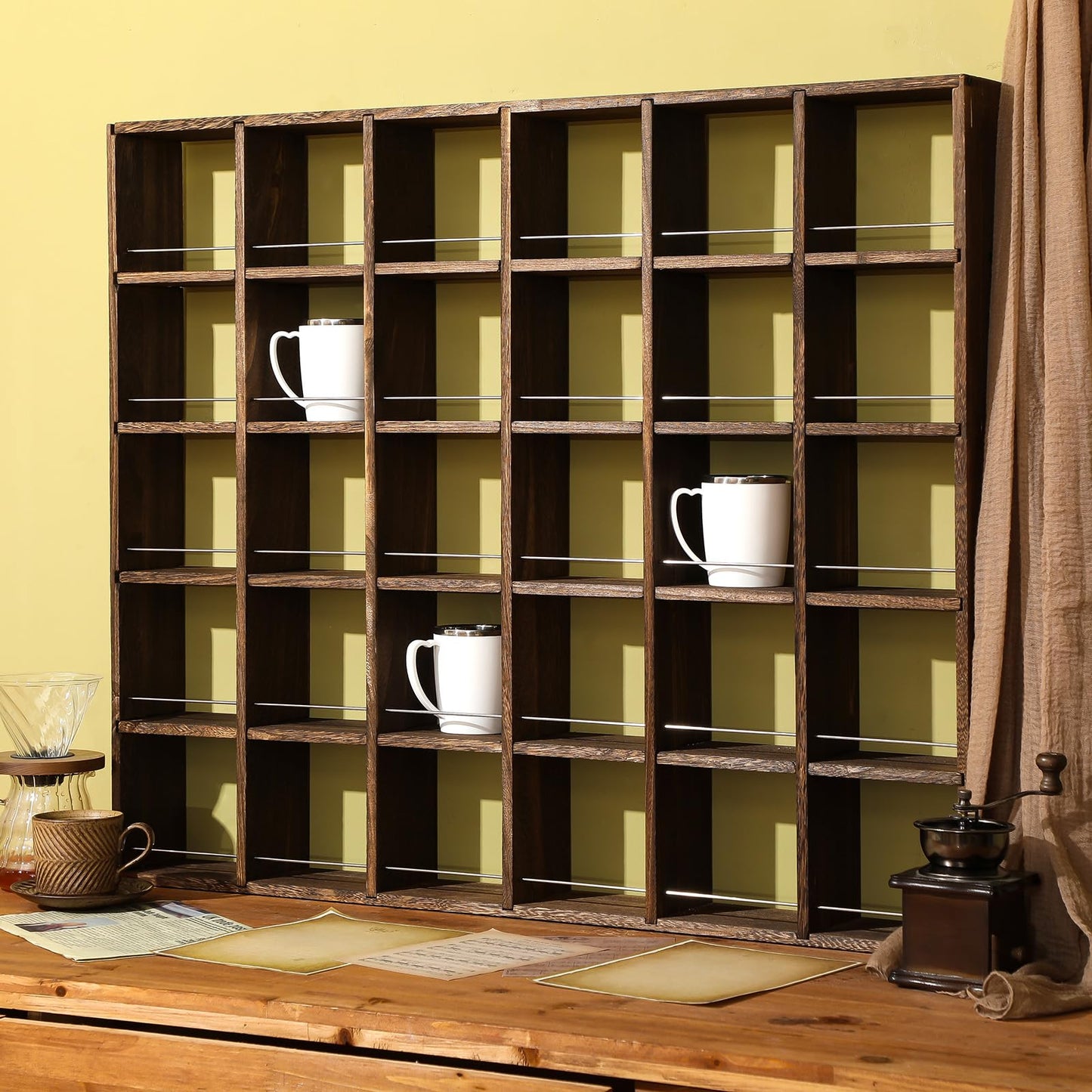 Kigley Oversize Coffee Mug Display Rack Wooden Shelves Rustic Shot Glass Display Case Travel Mug Shelf Wall Mounted Rack Holder Shadow Box(5 x 6,Dark Brown)