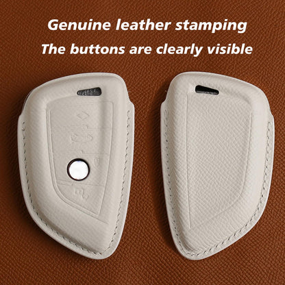 CISUI Leather Key Fob Cover Case, Keychain Shell, Compatible for BMW 2 5 6 7 X1 X2 X3 X5 X6 Series(White)