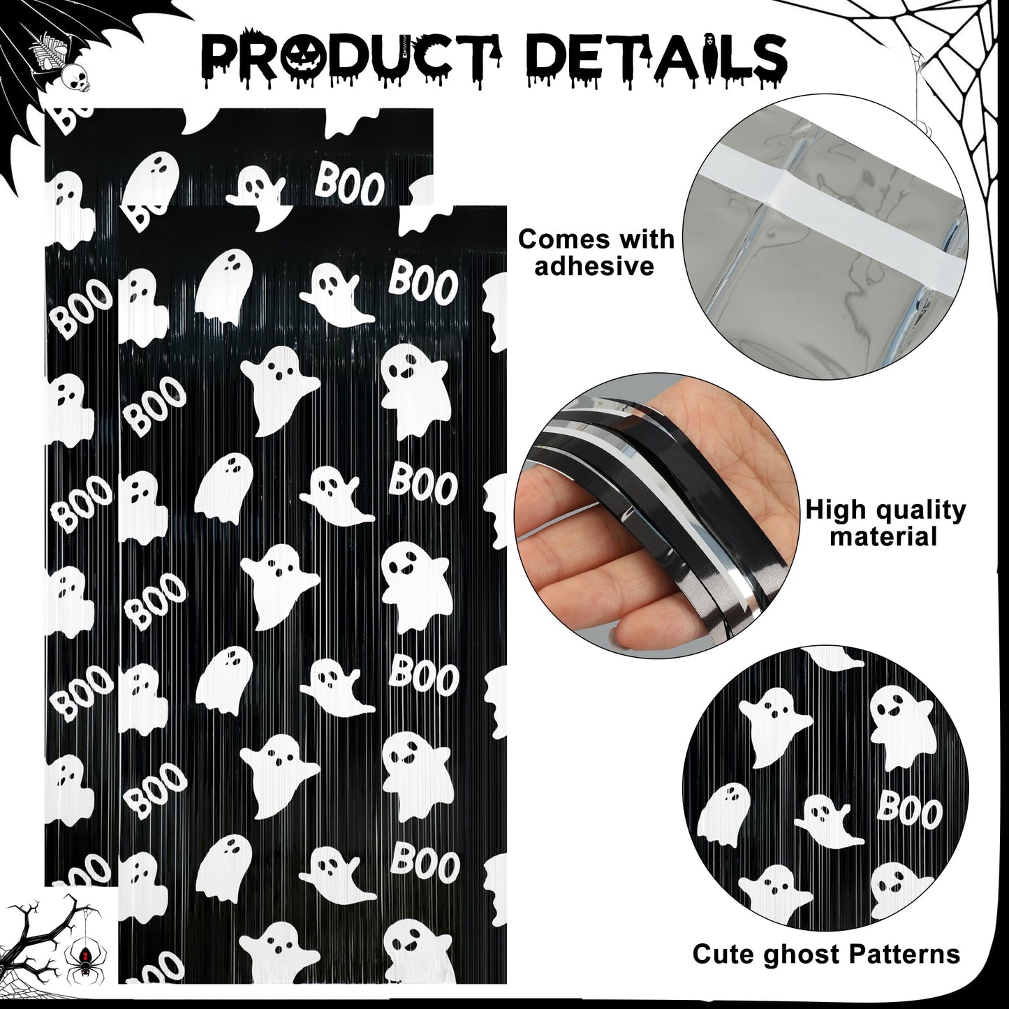 Augisteen 2 Packs Halloween Foil Fringe Curtains 3.3 x 6.6 Ft Black White Cute Ghost Photo Backdrop Streamers Boo Theme Tinsel Curtain Metallic Backdrop for Kids Birthday Babyshower Party Supplies