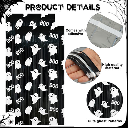 Augisteen 2 Packs Halloween Foil Fringe Curtains 3.3 x 6.6 Ft Black White Cute Ghost Photo Backdrop Streamers Boo Theme Tinsel Curtain Metallic Backdrop for Kids Birthday Babyshower Party Supplies