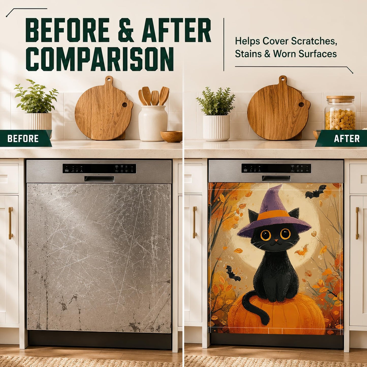 Black Cat Pumpkin Halloween Dishwasher Magnet Cover,23x26 Inch Magnetic Dishwasher,Waterproof Appliance Cover for Holiday Kitchen Decor Housewarming Gifts