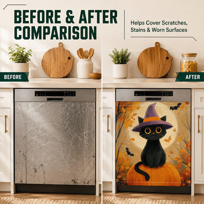 Black Cat Pumpkin Halloween Dishwasher Magnet Cover,23x26 Inch Magnetic Dishwasher,Waterproof Appliance Cover for Holiday Kitchen Decor Housewarming Gifts