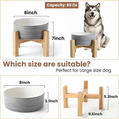 hjn Elevated Ceramic Dog Bowl with Bamboo Stand, Raised Pet Feeding Station for Small Medium Dogs Cats, Modern Design with Anti-Slip Base (White Gray, 7.6Cup)