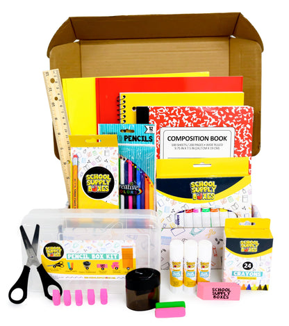 Back to School Supply Box Grades K-5 - School Supply Boxes - 32 Piece School Supplies Kit Includes Markers, Crayons, Pencils, Scissors, Folders, Glue Sticks, Notebook, and Composition Book