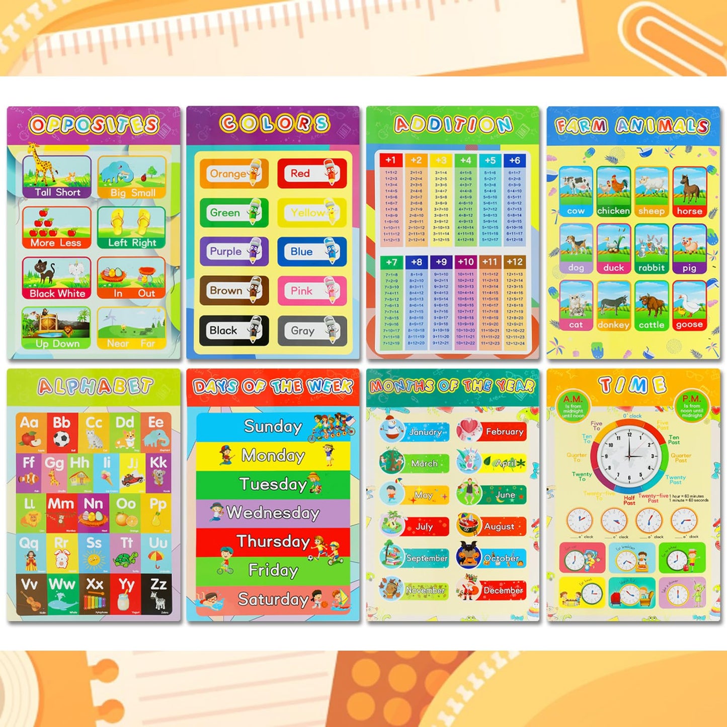 Educational Posters for Elementary Preschool Kindergarten Classroom Learning, Preschool Learning Posters for ABC Alphabet, Time, Number, Months, Colors, Weather, Galaxies , Animals, More, 16.5x11 Inch (16P)