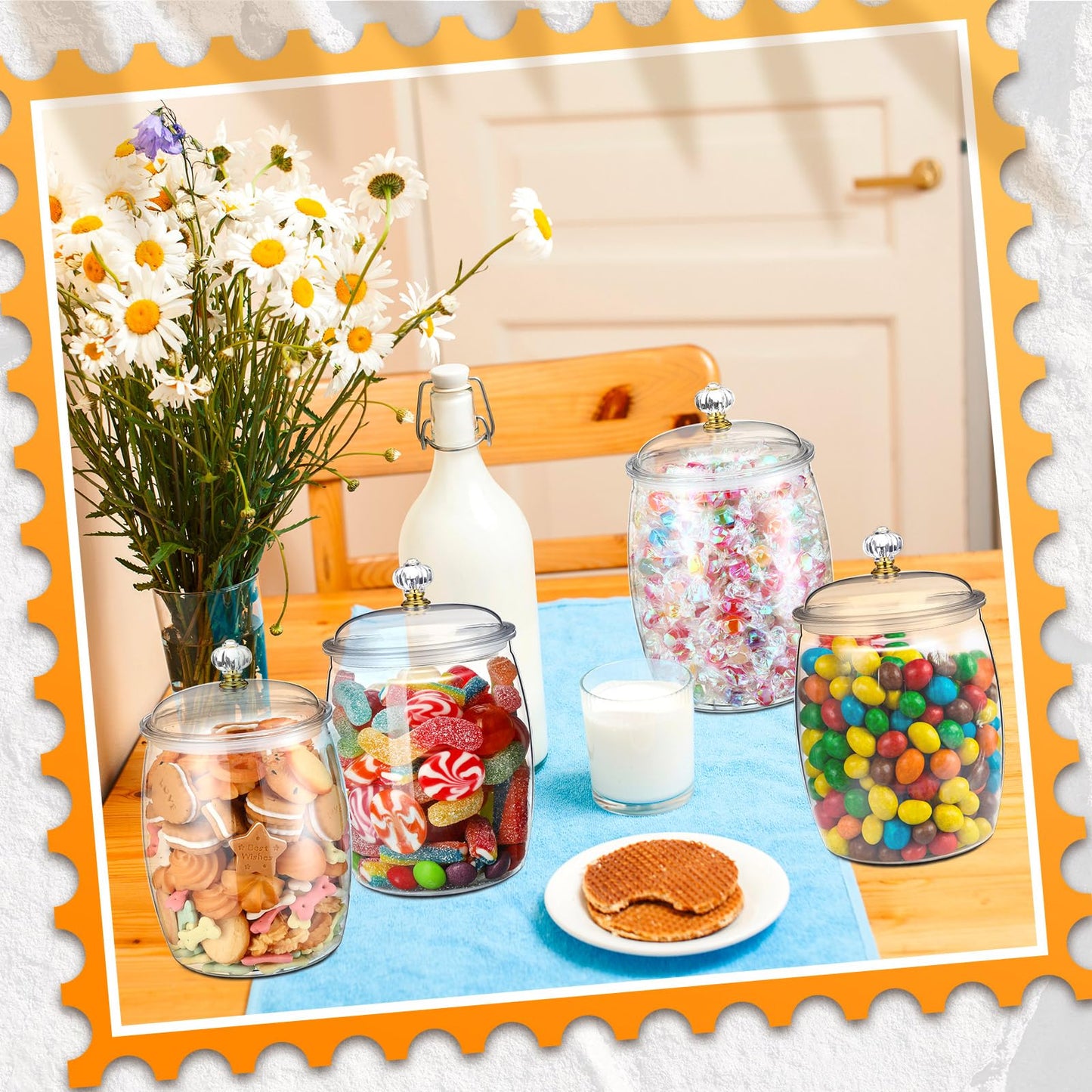 Nuogo 4 Pcs Plastic Candy and Cookie Jars with Lids Clear Cookie Container Candy Jars Large Airtight Apothecary Storage Organization for Wedding Home Kitchen Bar(42 oz)