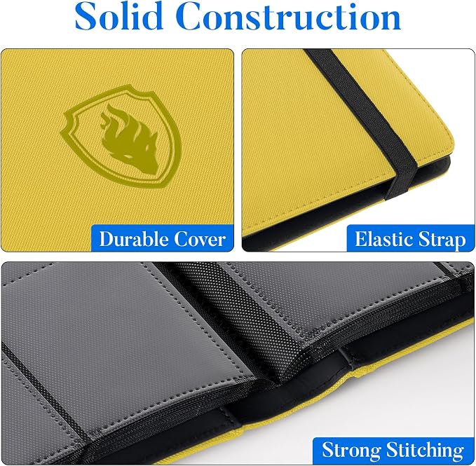 Premium 9 Pocket Card Binder for 540 Cards, Fabmaker PU Cover Trading Card Binder, Sturdy Card Collection Album, Sleek Card Holder Folders for Game Cards & Sports Cards, Yellow