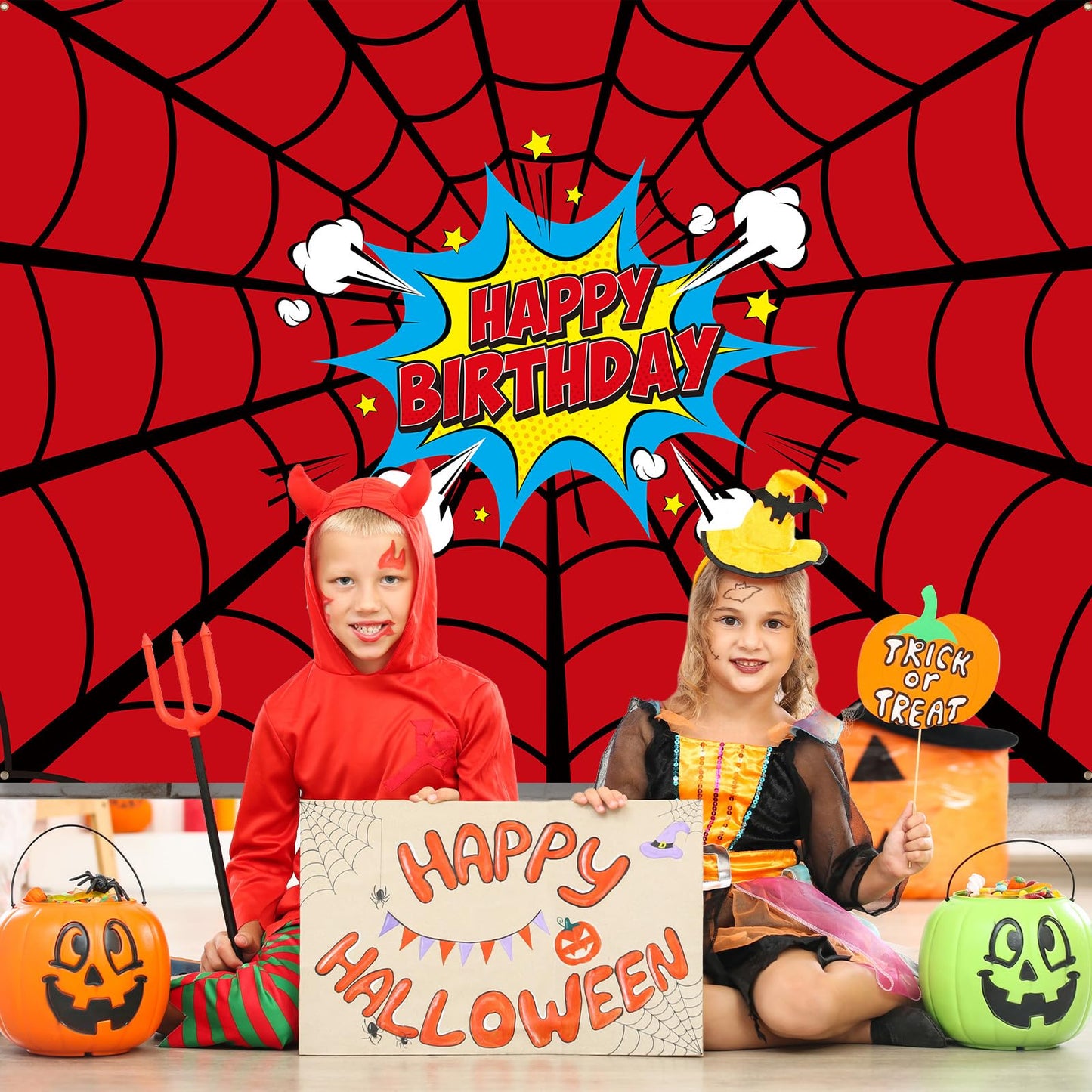 Boao 5 x 4 ft Spider Web Happy Birthday Banner Backdrop Large Heros Themed Party Background Photo Booth Props for Boys Birthday Party Baby Shower Photography Decorations Supplies