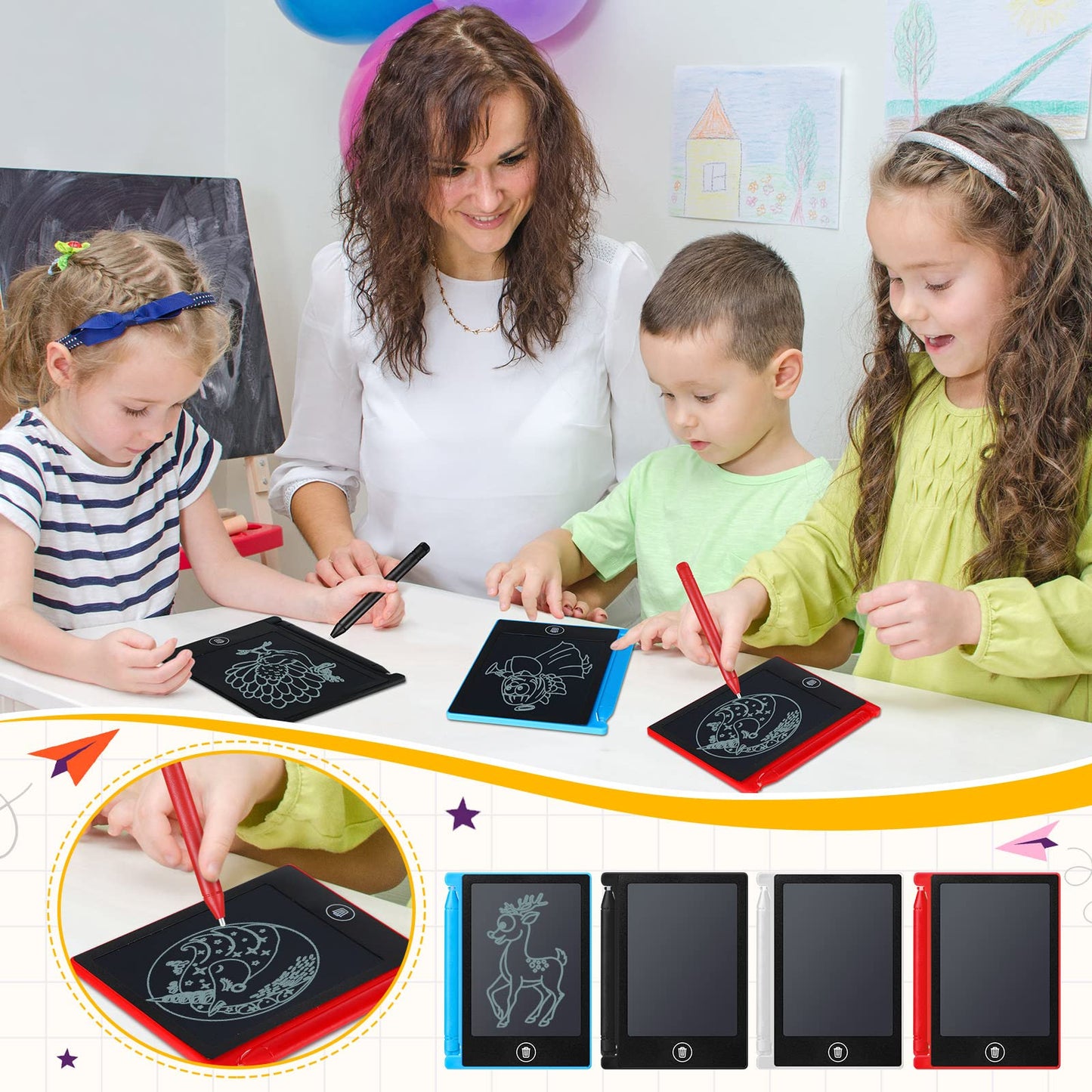 Nezyo 16 Pack 4.5 Inch Mini LCD Writing Tablet for Kids Electronic Doodle Board Bulk Erasable Drawing Tablet Reusable Writing Pad for Girls Boys Party Favor Goodie Bag Classroom Gifts(Mix Colors)