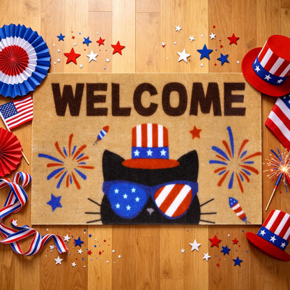 Prewplam 4th of July Patriotic Welcome Doormat- Black Cat 250th Anniversary America Coir Doormat, Front Rubber Non Slip Backing Mats for Outdoor Entryway Entrance Porch Patriotic Decor,73 x 43