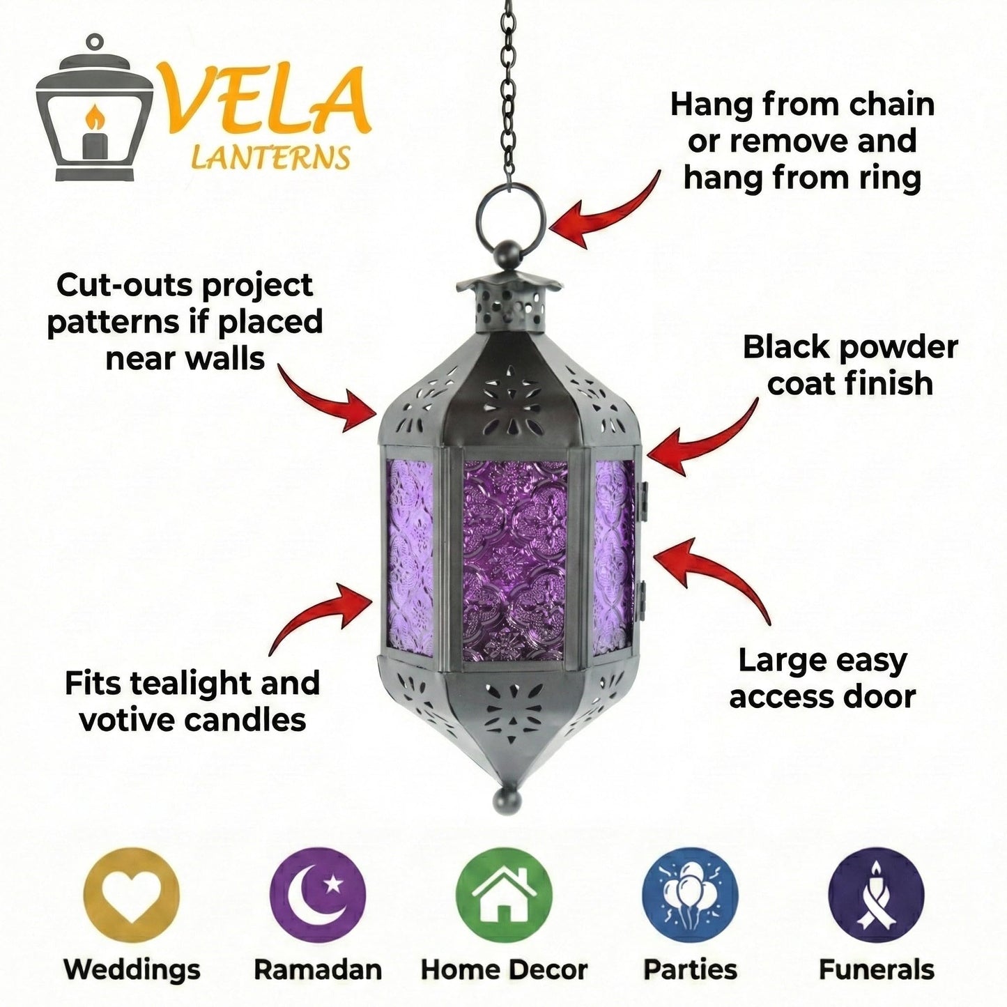 Vela Lanterns Decorative Indoor Moroccan Hanging Candle Holder, Purple, M