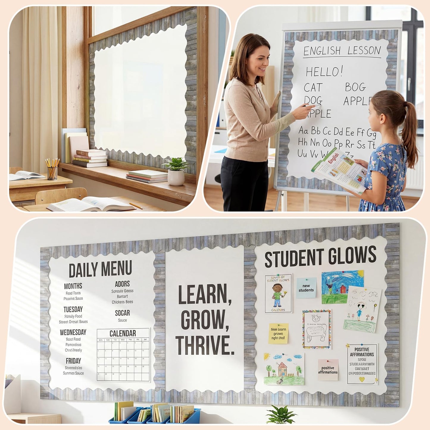 Tenceur 120 Feet Bulletin Board Borders Wooden Pattern Straight Rolled Border Trim Wood Straight for Classroom Schools Office Decoration(Gray Blue)