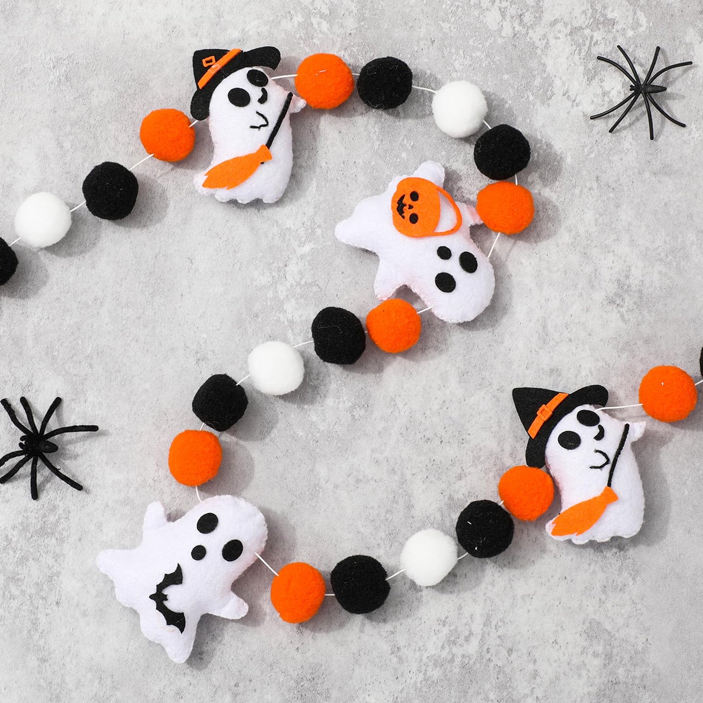 JarThenaAMCS 8.2Ft Halloween Felt Banner 3D Ghost Hanging Garland Black Orange White Pom Ball Banner for Trick or Treat Birthday Home Mantel Wall Window Party Supplies
