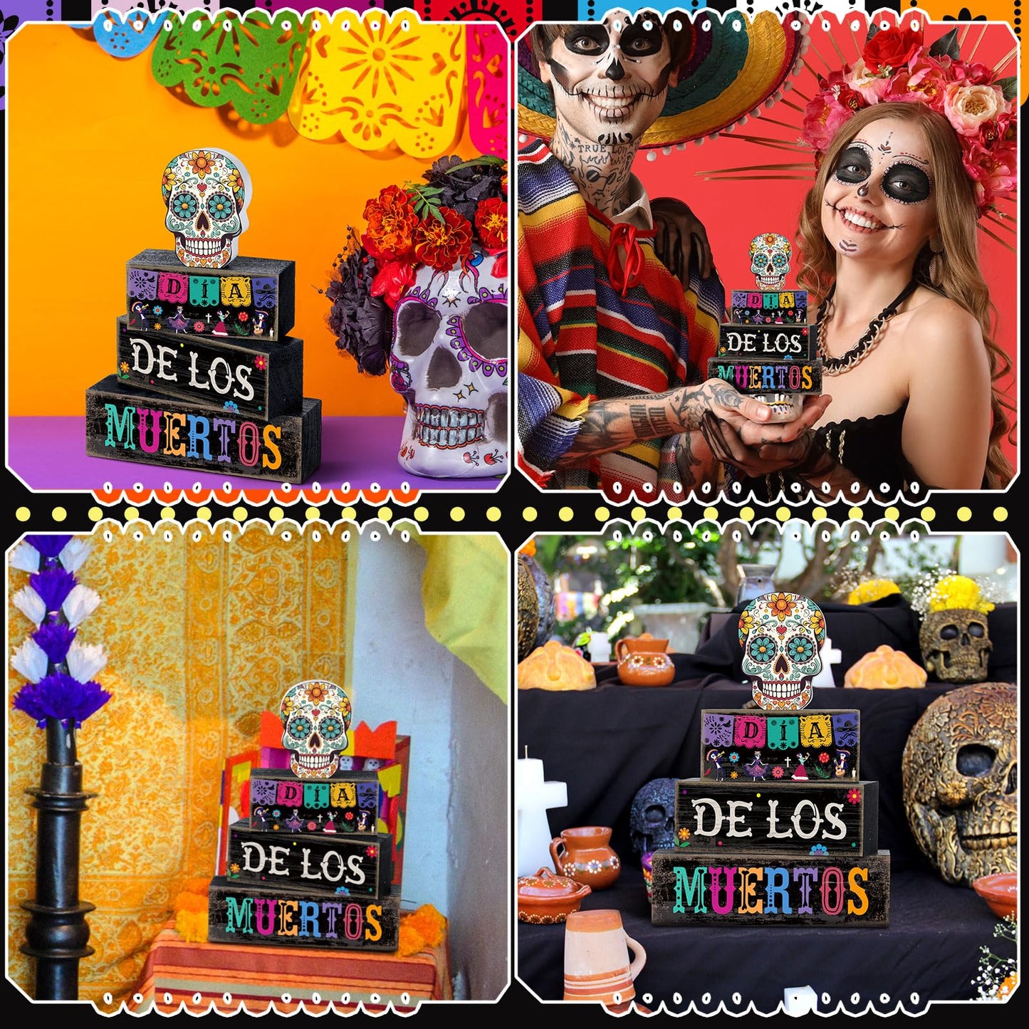 Lineshading 4 Pcs Day of The Dead Table Decorations Day of The Dead Centerpiece for Table Dia De Los Muertos Tiered Tray Decor Wood Sugar Skull Block Signs for Halloween Party Home Shelf Decoration