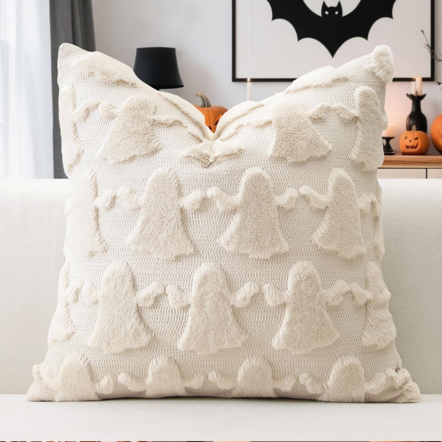 OTOSTAR Set of 1 Ghost Pillow Cover Halloween Throw Pillow Covers for Sofa Couch Bed Living Room Soft Plush Short Wool Velvet Farmhouse Pillowcase for Thanksgiving Cream Beige 24x24 Inch