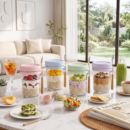 HomArtist Glass Overnight Oats Containers with Lids and Spoon, 16oz Wide Mouth Mason Jars for Overnight Oats, Cereal, Yogurt, Salad Lunch Container with Measurement Marks - Pink 4 Pack