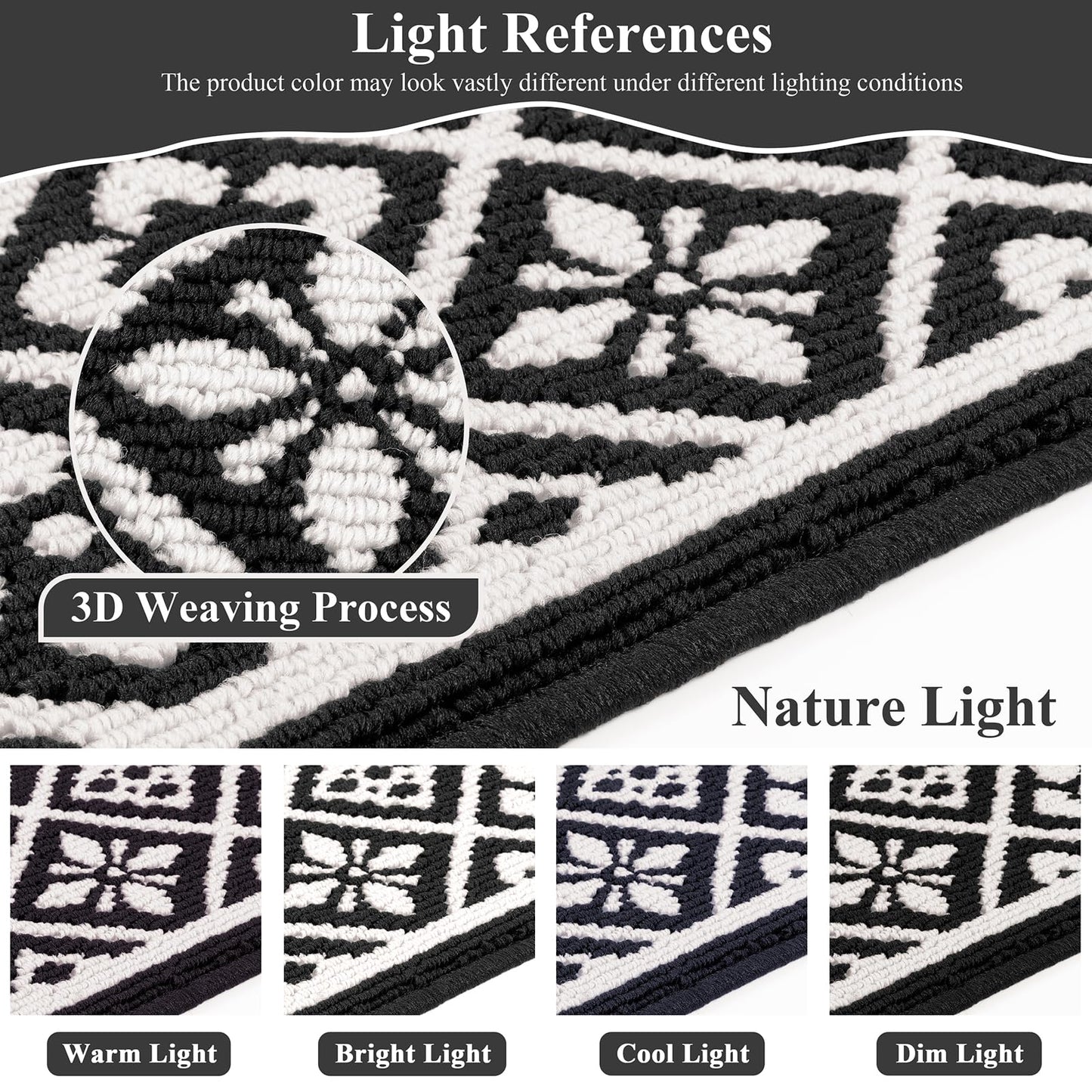 Ileading Kitchen Mat Sets 3 Piece Minimalist 3D Lattice Kitchen Floor Rugs with Non Slip Rubber Backing Machine Washable Farmhouse Runner Rugs for Laundry Hallway Doormat(G Black&White)