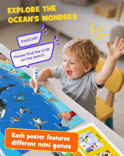 TEKFUN Talking Learning Poster Set for Toddlers 1-3, Interactive Educational Wall Poster with Speaking Pen, Screen-Free Letter & Word Learning for Homeschooling & Preschool Classroom