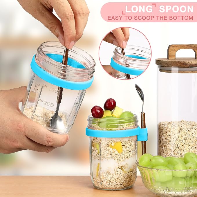 16oz Glass Mason Overnight Oats Jars, Cereal, Yogurt, Salad Lunch,Glass Overnight Oats Containers with Lids and Spoon, Container with Measurement Marks - (Blue-2Pcs)