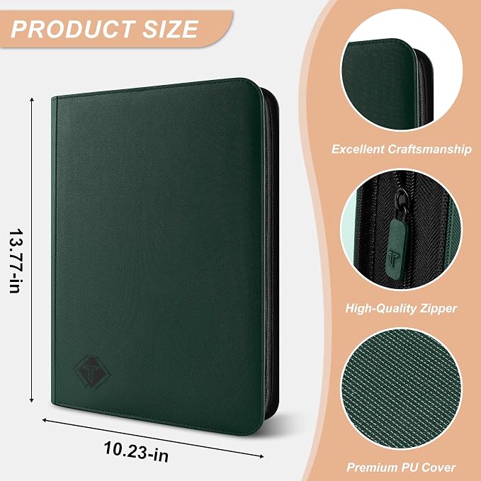Trading Card Binder, Card Binder Album Folder Book Fit for MTG Baseball Football Sports Cards, Easy to Use Card Collection Binder (Green, 432 Pockets)