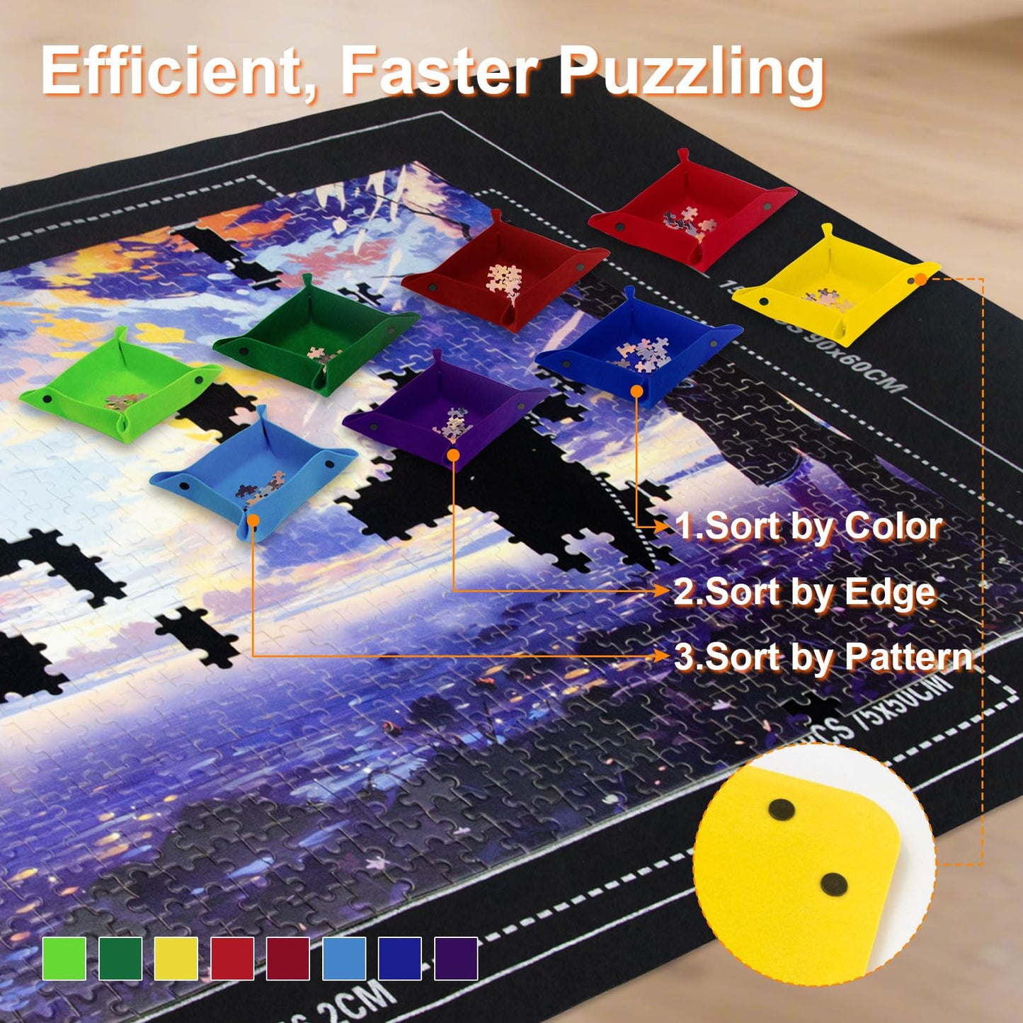 GOECI Portable Puzzle Mat Roll Up Set with 8 Sorting Trays, Pump & Storage Bag - Felt Puzzle Board Saver Keeper for 500, 1000, 1500 Piece Jigsaw Puzzles - Large Puzzle Mat for Adults & Kids