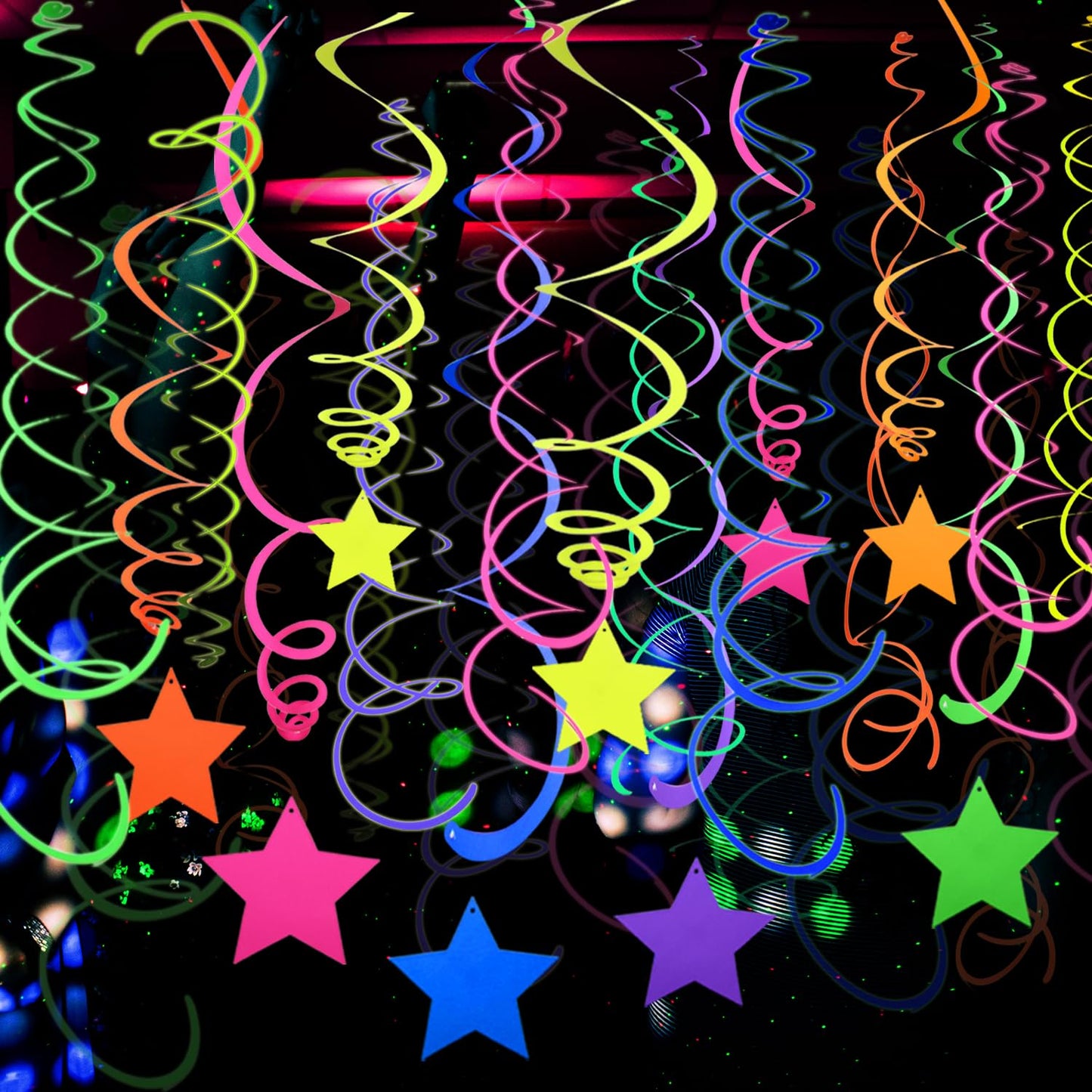 56 Pieces UV Hanging Swirls Decorations Paper Neon Streamer for Ceiling Star Neon Garlands Black Light Neon Decorations for Dark Glow Party Supplies and Decorations Birthday Neon Party Favors
