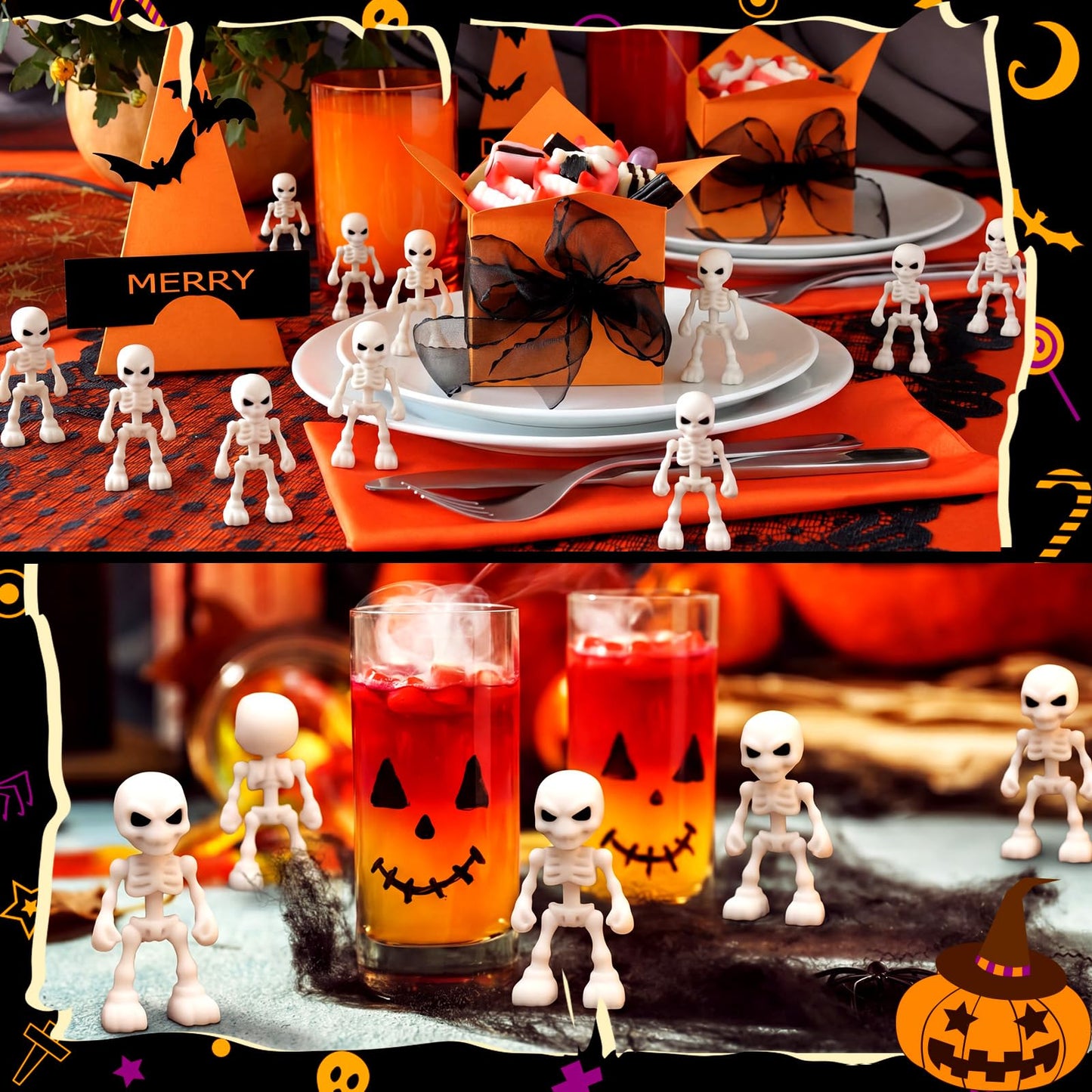 Junkin 100 Pcs Halloween Mini Skeleton Figures Tiny Skulls Cute Design Soft Rubber Skeleton Decorations Miniature Skulls Figures Ornaments for Indoor Fireplace Haunted House Accessories Party