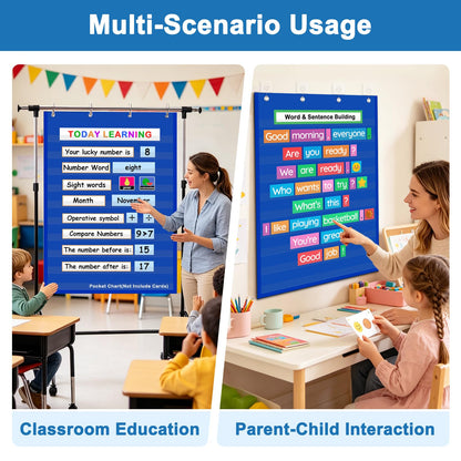 Standard Pocket Chart Clear 10 Pockets Chart for Classroom & Home Heavy Duty Hanging Pocket Chart for Word Wall/Letter Cards/Sentence Strips 28Wx43L,Blue